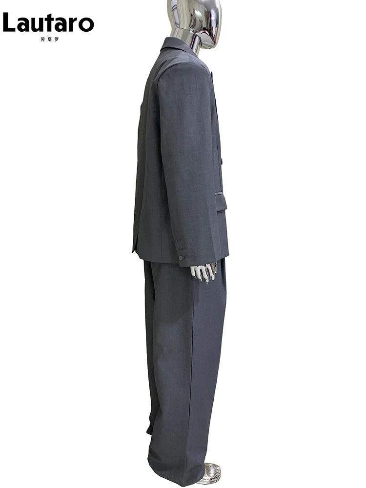 Lautaro Autumn Oversized Gray Blazers for Men Peaked Lapel Shoulder Pads Double Breasted Loose Luxury Designer European Clothes