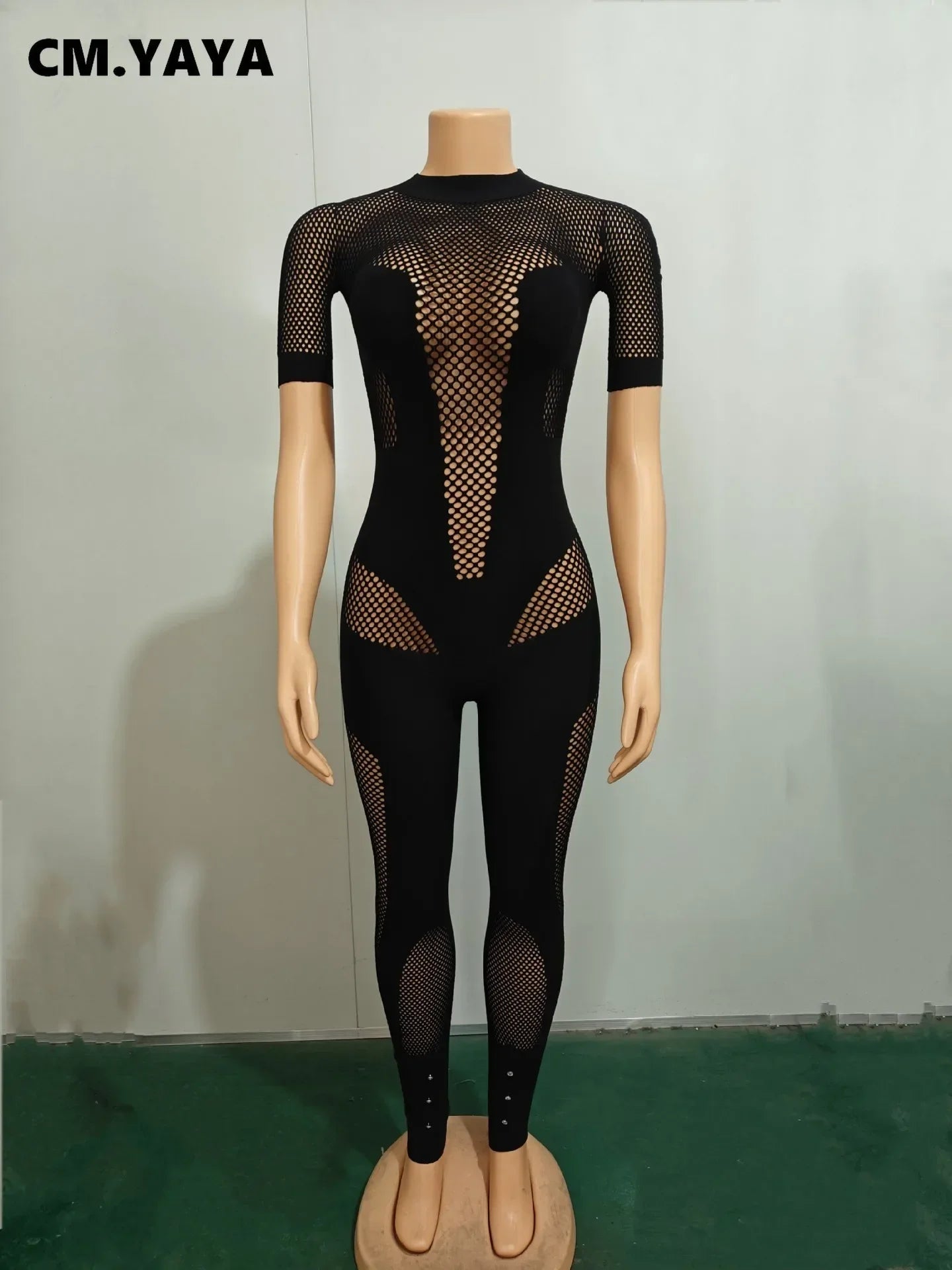 CM.YAYA Short Sleeve Women Mesh Hollow Out O-neck Rompers Jumpsuits 2024 Summer Sleep Night Club Party One Piece Sexy Outfits