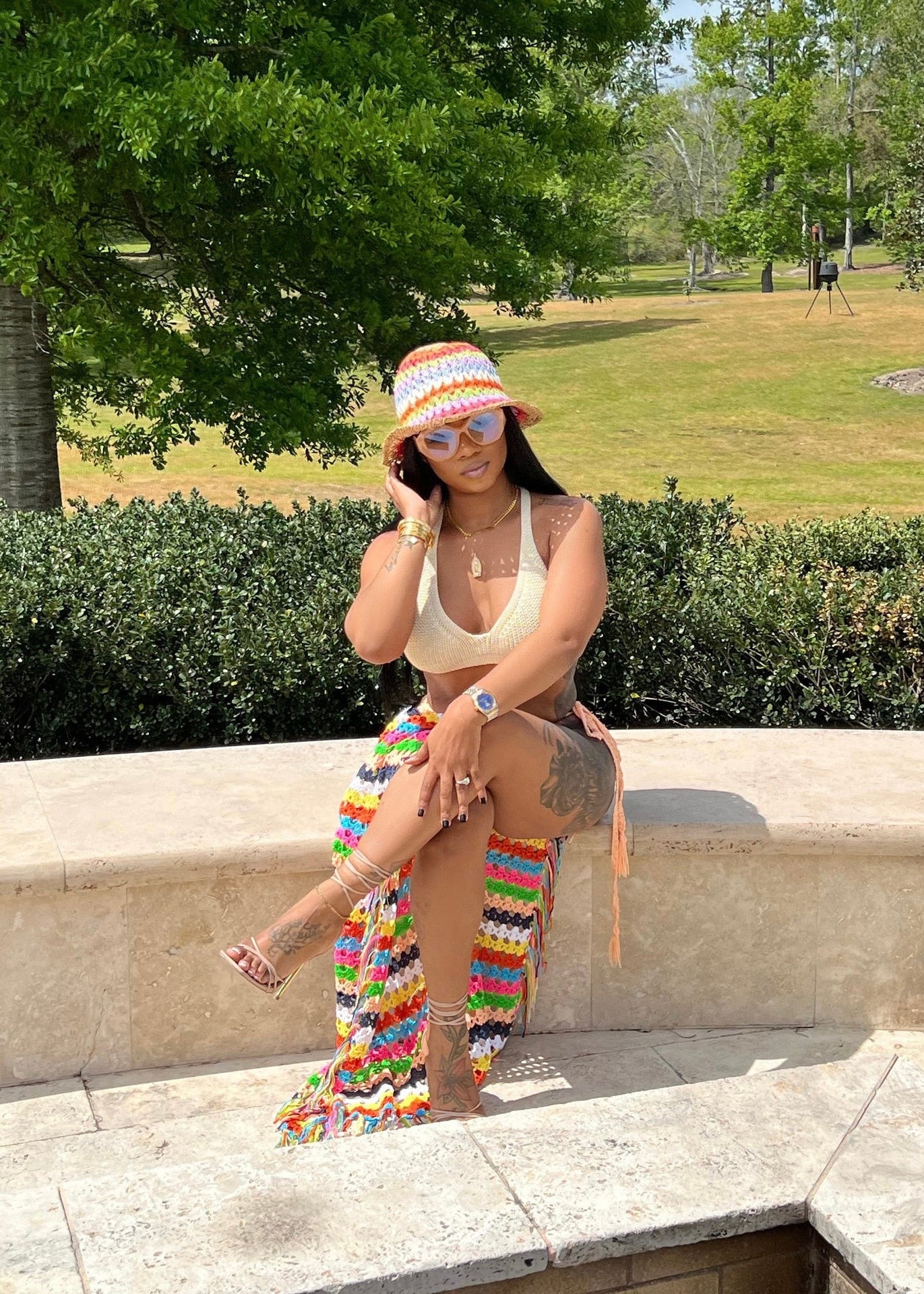 Womens Crochet Beach Cover Up Skirts Sexy High Side Slit Tassel Hem Rainbow Striped Long Maxi Skirt 2024 Summer Vecation Dress