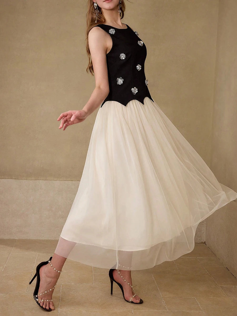 Hit Color Spliced Appliques Elegant Dresses for Women Round Neck Sleeveless Patchwork Mesh Dress Female Fashion New