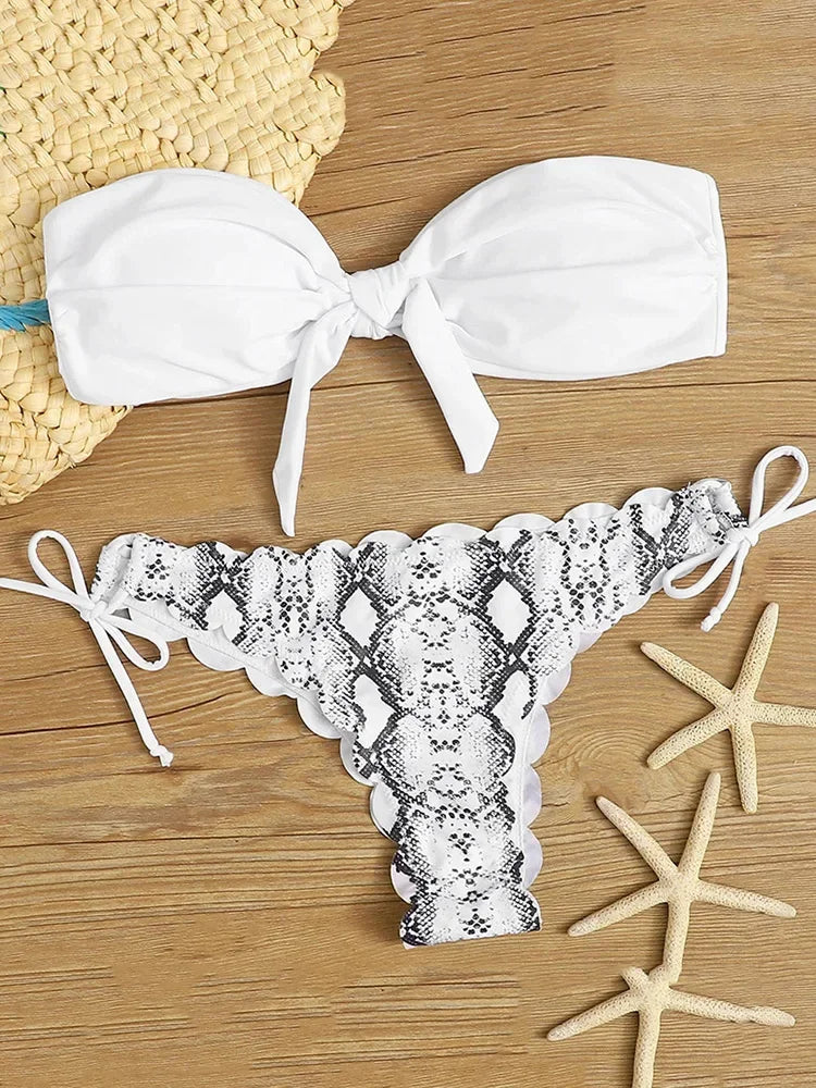 Sexy Scalloped Marble Print Bikini Women Bandeau Swimwear Female Swimsuit Two-pieces Bikini set Knotted Bather Bathing Suit Swim B582White