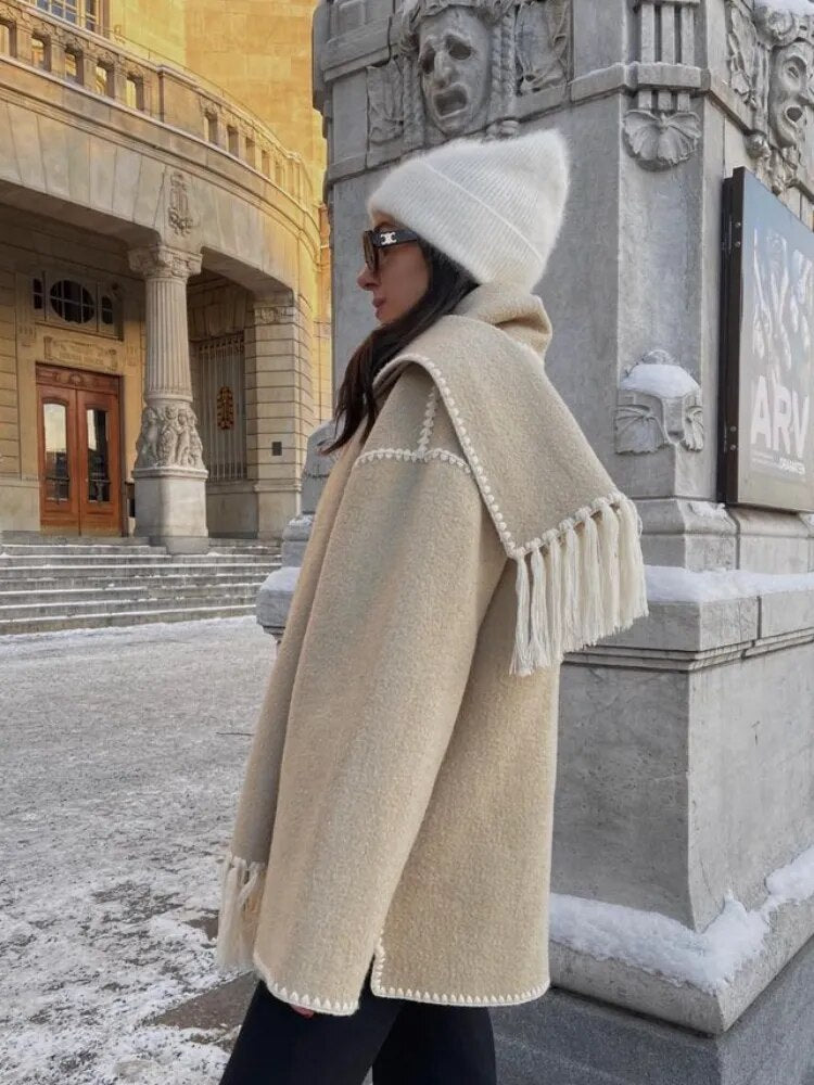 Woolen Jacket Women 2024 Autumn Winter Patchwork Tassel Coats Casual Fashion Long Sleeve Loose Top Warm Women's Suit Streetwear