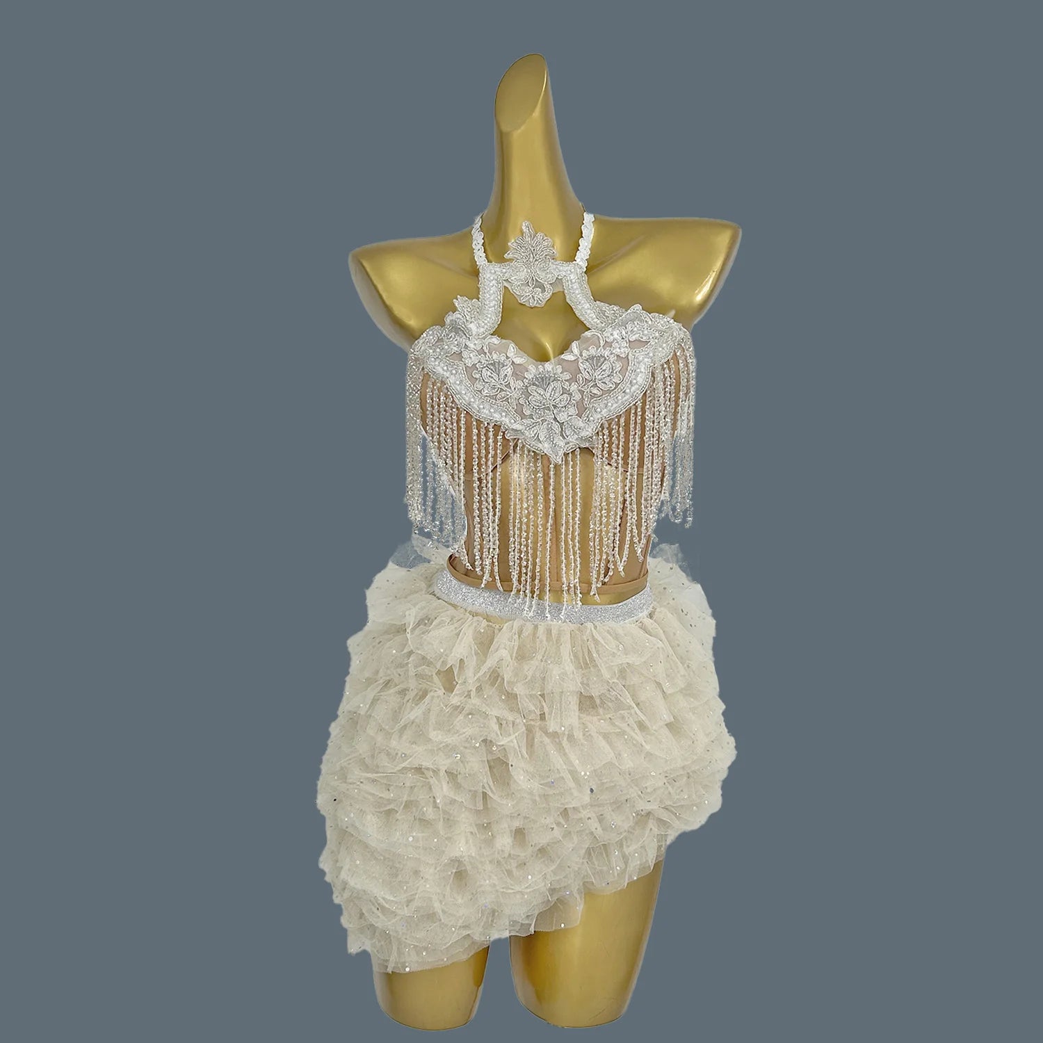 Fashion Women's 2-Pieces Stage Outfit Set Sexy Halter Asymmetric Party Celebrate Clothing Dancer Rhinestone Chain Costume Mixian WHITE One Size