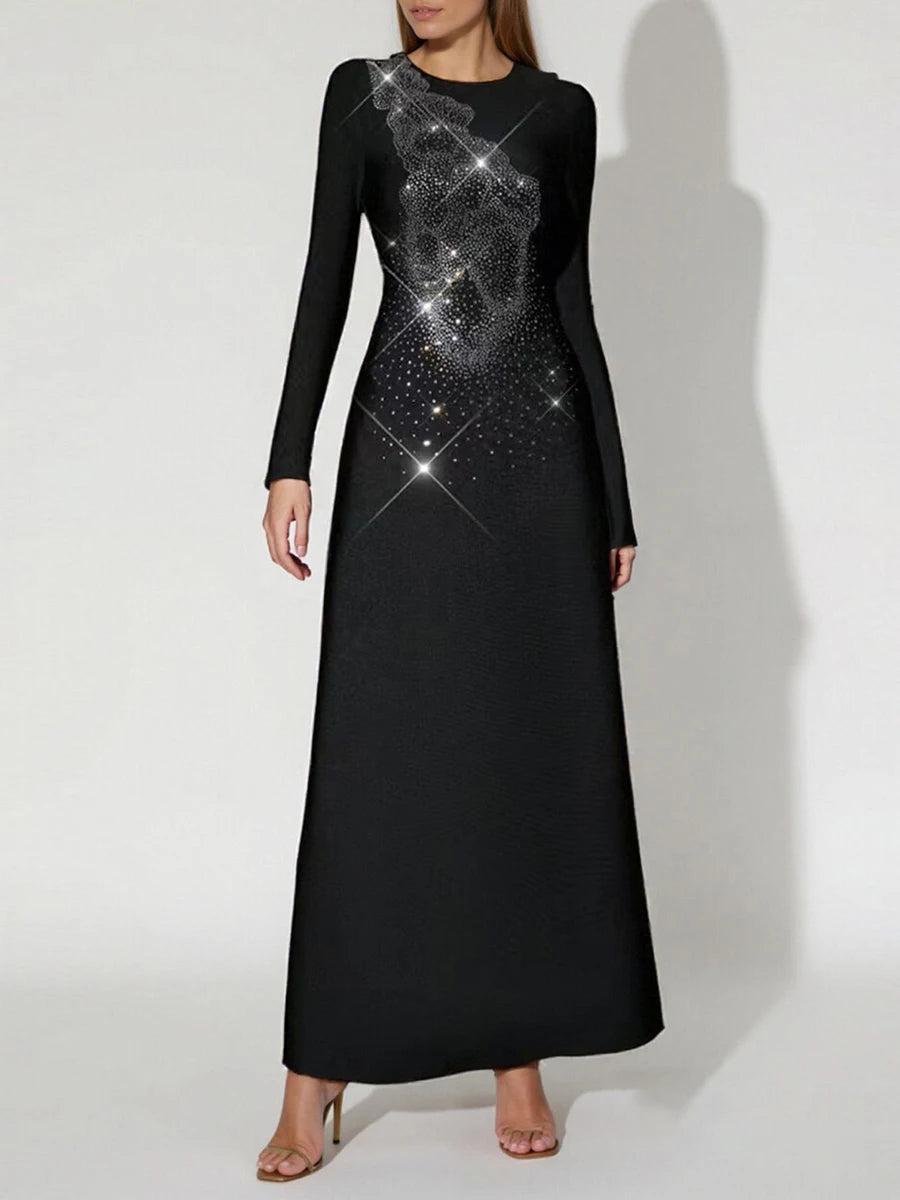 Solid Spliced Stick Drill Elegant Dresses for Women Round Neck Long Sleeves Temperamnet Dress Female Fashion New