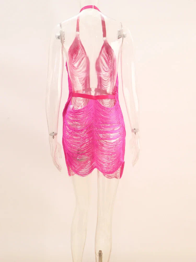 Beyprern New Chic Ladder Cut-Out Knit Beach Cover-Up Mini Dress Women Sexy Clubwear Summer Backless Clubwear Robes Swimwear