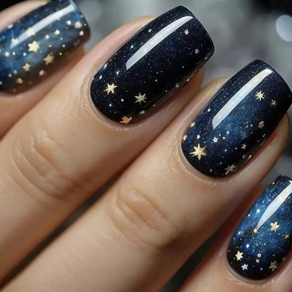 24pcs/set short medium fake nails shinny sparkling glitter square ballet nail tips starry star cat eyes press on false nail art 1705