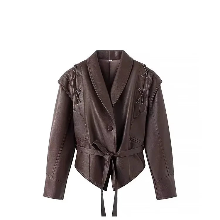 Lautaro Spring Distressed Brown Short Asymmetrical Pu Leather Jacket Blazer Women Retro Vintage Fashion Luxury Designer Clothes