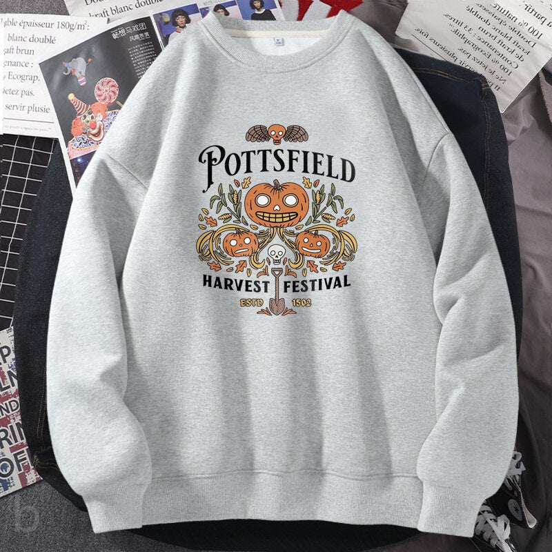 Pottsfield Harvest Festival Sweatshirts Woman Autumn Harvest Vegetables Fall Graphic Hoodie Pullover Halloween Goth Clothing grey