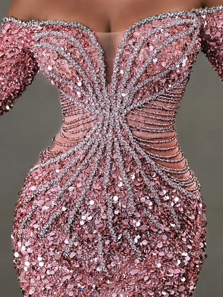 Pink Sparkly Sequins Long Dress Pearls Chains Design Off the Shoulder Long Sleeves Formal Occasion Mermaid Party Evening Gown