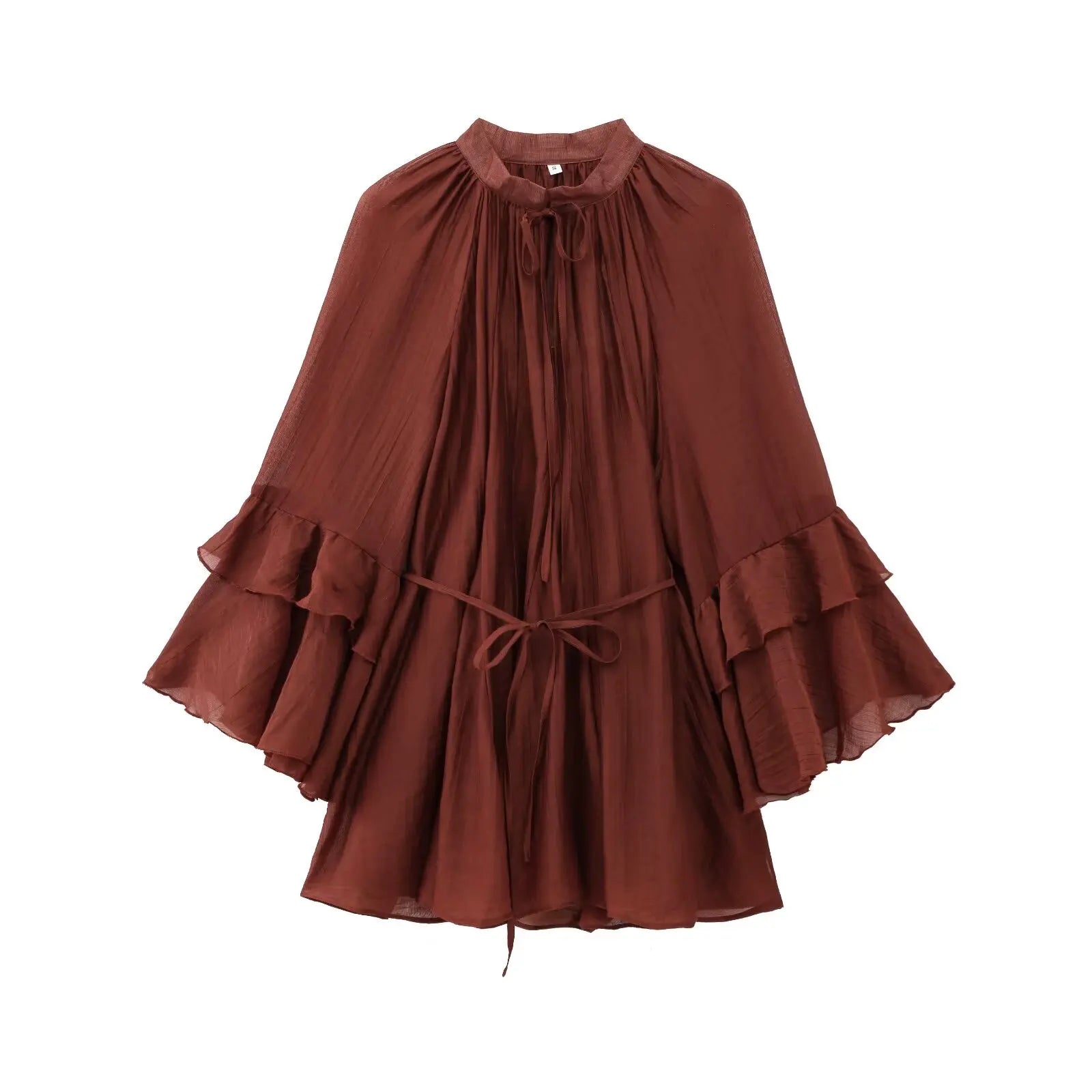 European and American style fashion all-match long-sleeved dress pleated new women's clothing ruffled tie waist dress Claret