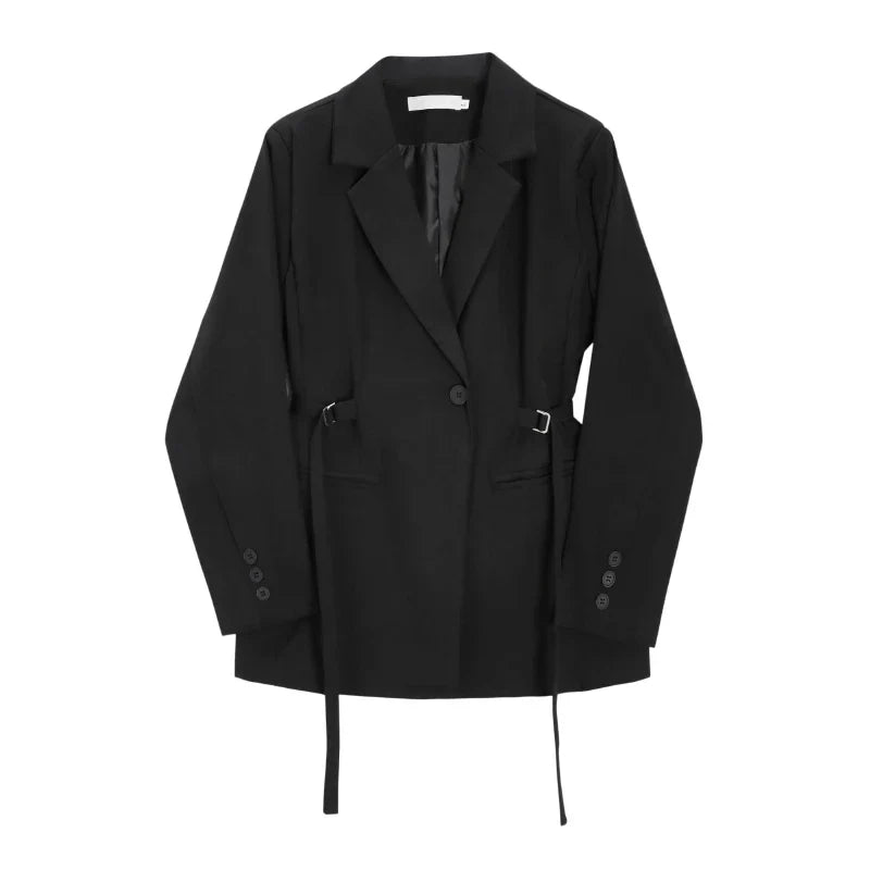 LANMREM Belt Spliced Design Blazer Women Vintage Notched Collar Single Button Coat Fashion Spring New Clothing 2AA4613 Black