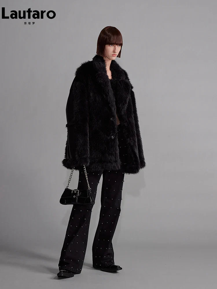 Autumn Winter Cool Loose Black Thick Warm Soft Hairy Faux Sheepskin Coat Women Luxury Designer Clothes Fluffy Jacket