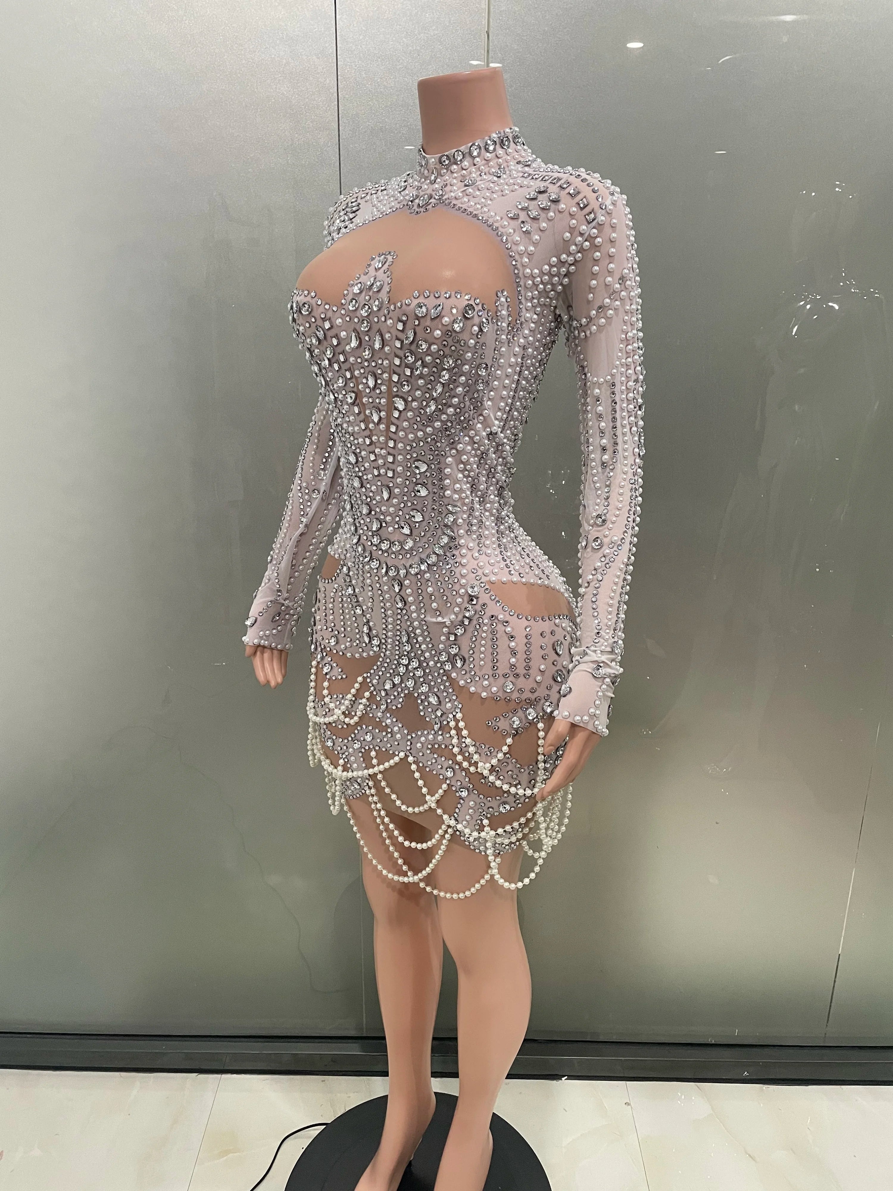 STOCK White Color Women Long Sleeve Sexy Mesh Beading Bodycon Mini Dress High Stretch Celebrate Birthday Party Dress