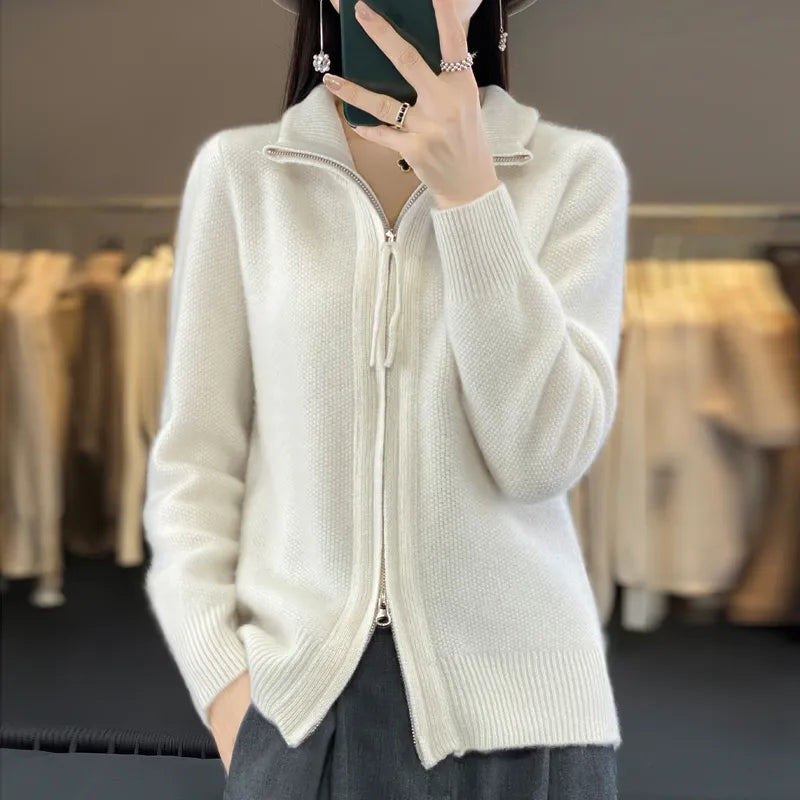 Women's 100% Merino Wool Knitting Sweater Clothing Autumn/Winter Casual Loose Top Fashion Korean Cashmere Large Zipper Jacket