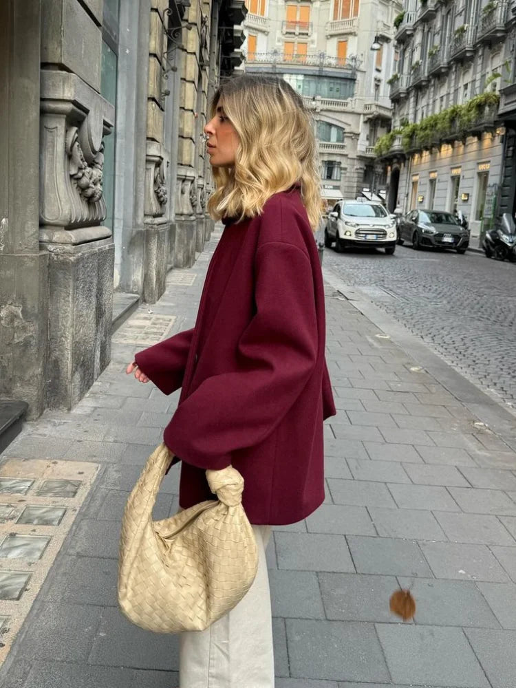 New Fashion Burgundy Red Woolen Suit Jacket With Scarf Collar Women Chic Oversized Flip Pockets Solid Coats Lady Streetwear