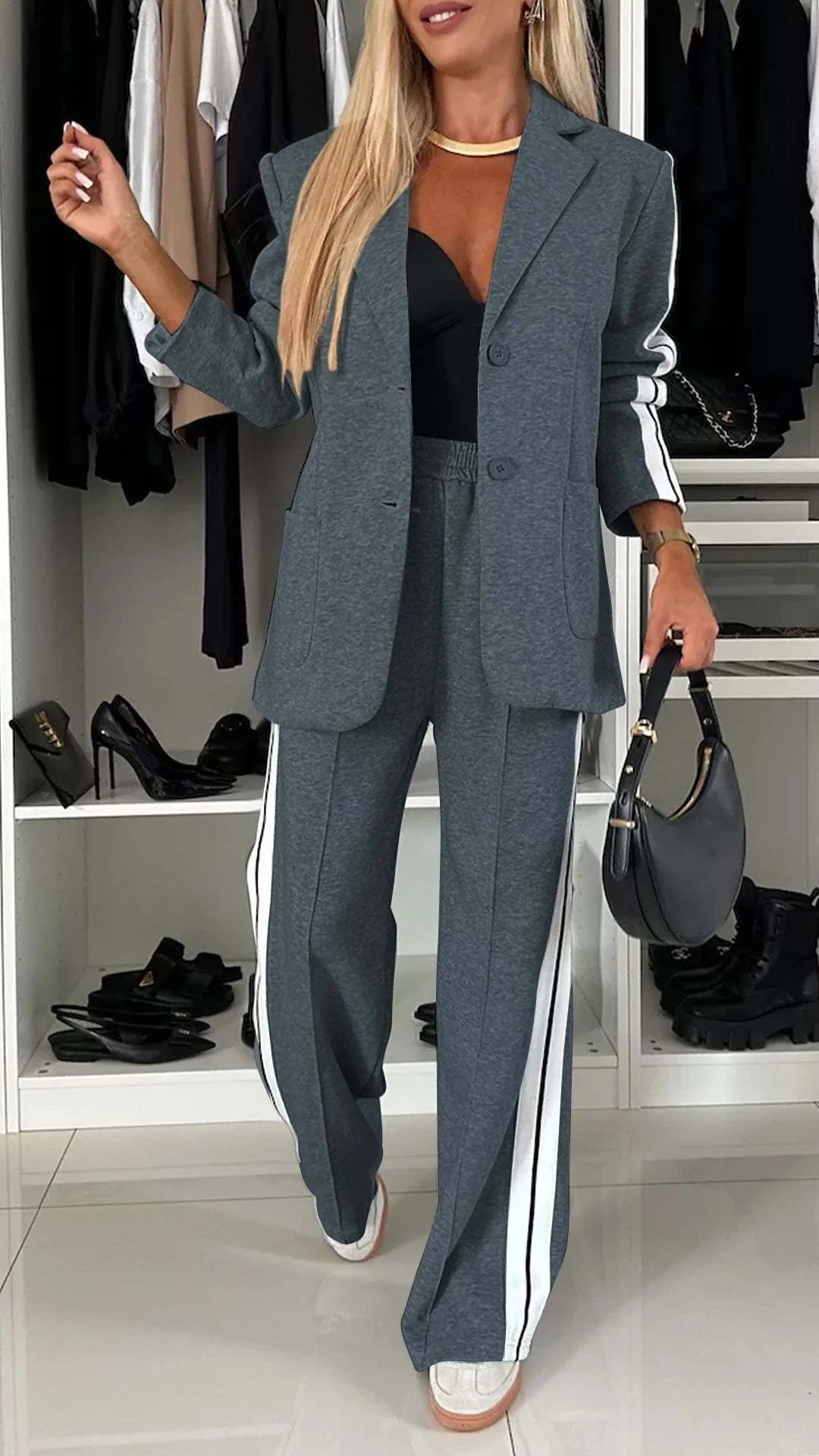 CM.YAYA Elegant Women Pants Suit and Long Sleeve Blazer Matching Set OL Streetwear Two 2 Piece Set 2024 Winter Ribbon Outfits Dark Gray