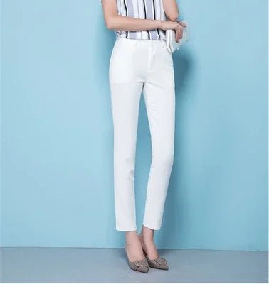 S-4xl Big Size Office Pencil Pants Womens Formal New Elegant OL Work Pantalones Elastic Cotton Slim Ankle-length Trousers white