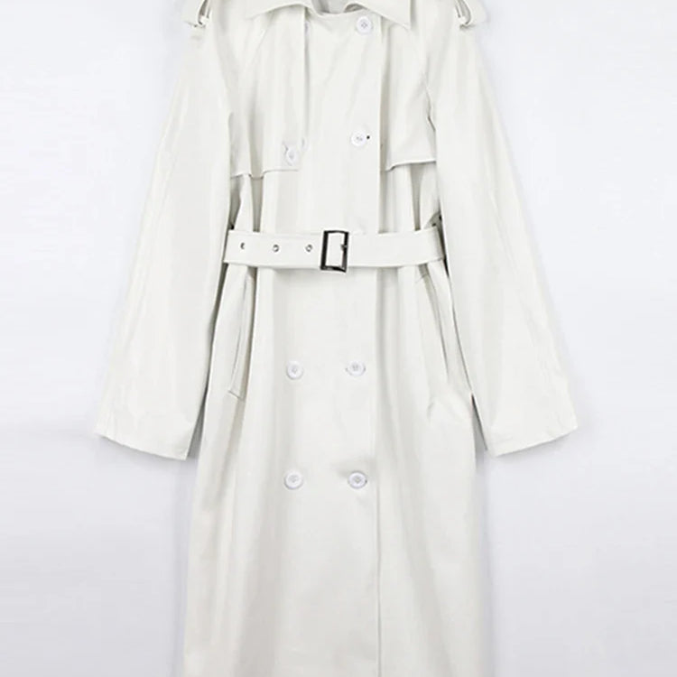 Autumn Extra Long Oversized Black Faux Leather Trench Coat for Women Long Sleeve Belt Double Breasted Loose Fashion 2021 White One size