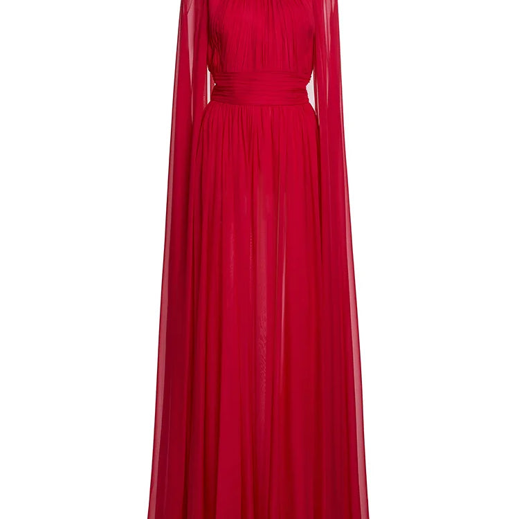 2025 Red Color Women Fashion Cloak Sleeve Slim Floor-length Dress Elegant Eveening Party Celebrate Prom Outfit