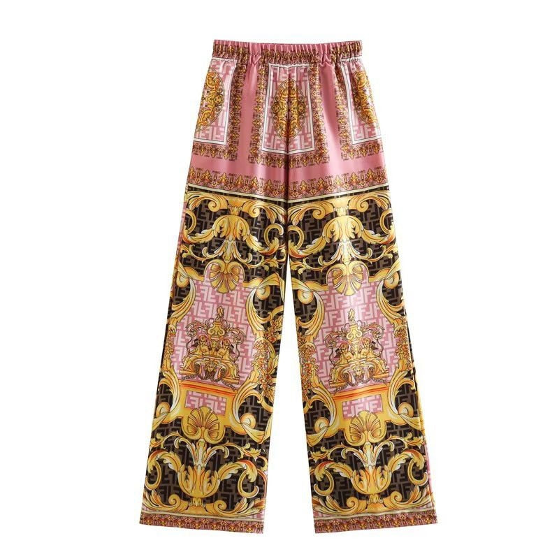 Retro Flower Printed Blazer Suits For Women Spring OL Casual Long Sleeve Jacket Wide-Leg Pants Female Trendy 2 Piece Sets Outfit 03 brown pants