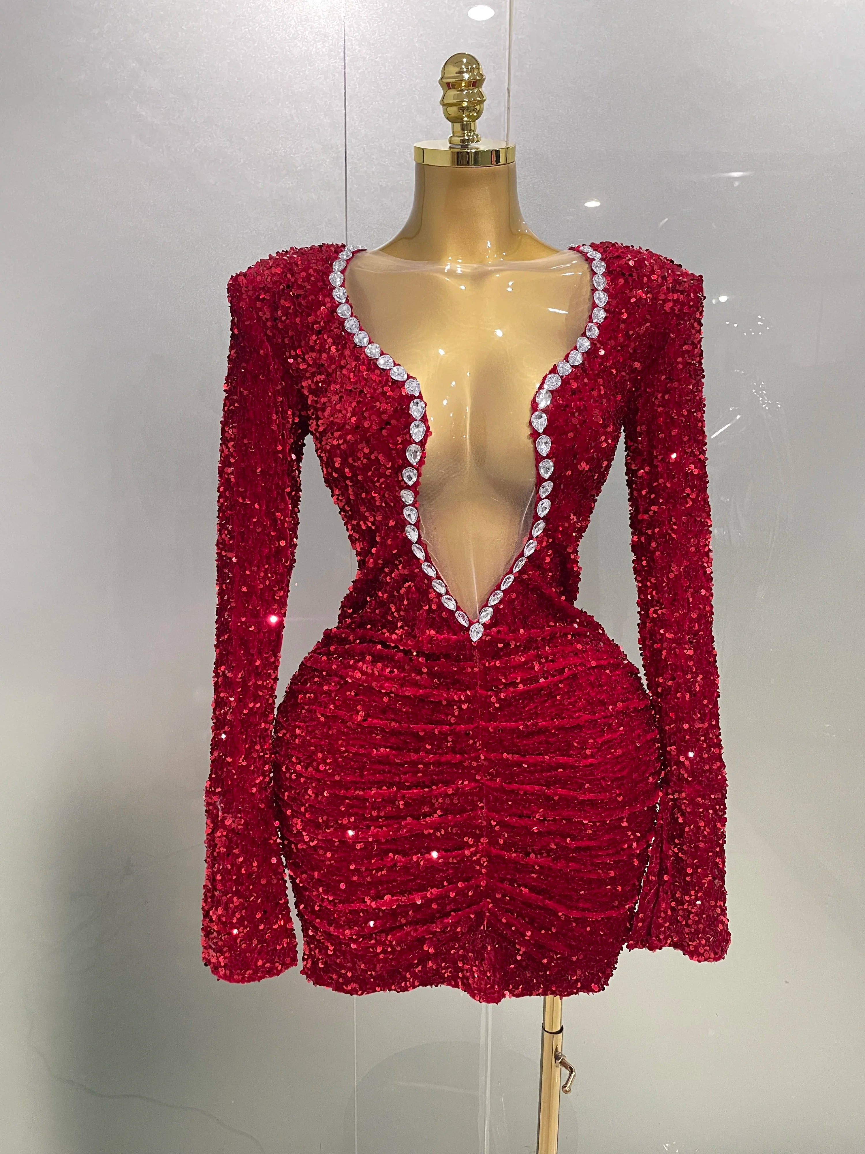 Sexy Shiny Red Sequins Rhinestones Sheath Mini Dress 2025 New Women Evening Birthday Party Nightclub Stage Performance Costume Red