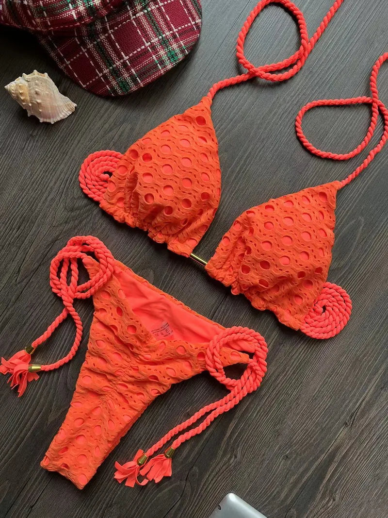Para Praia Hollow Out Bandage Swimwear Halter Bikini Set Thong Swimsuit Women Biquini Brazilian Bathing Suit Beachwear 8287