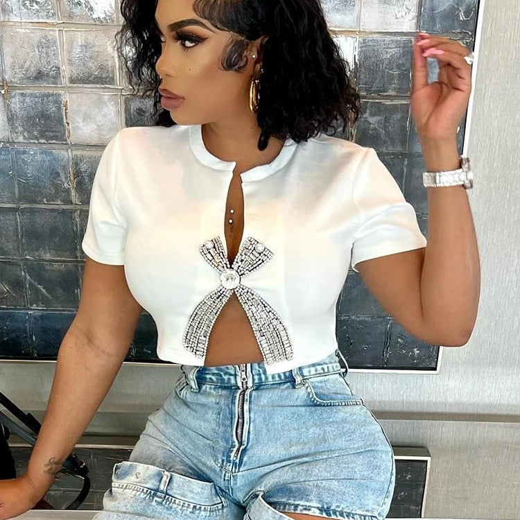 Women Fashion Diamonds Hot Rhinestones Bowknot Short Sleeve T-shirt Streetwear Elastic INS Tee Tops