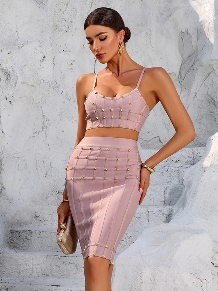Chic Pink Studded Crop Top and Skirt Set for a Trendy Rooftop Party Evening Gown Dress