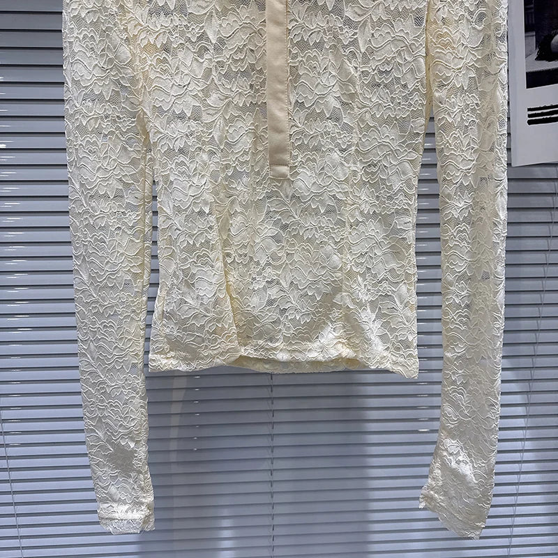 Spring New Fashionable Elegant V-neck Turn-down Collar Lace Hollow Long Sleeve Base Shirt For Women 11A07847