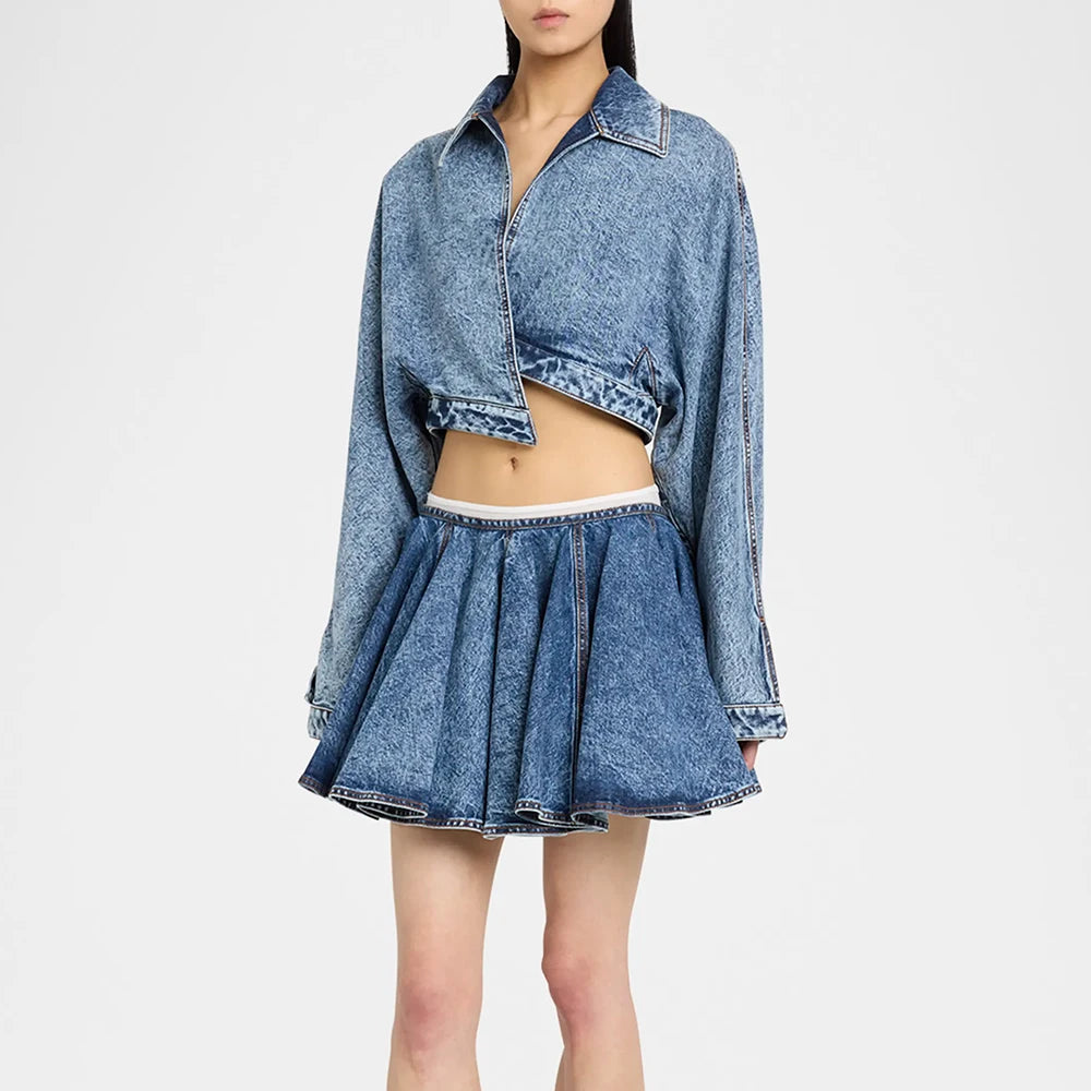 Cowboy Sslimming Two Piece Sets for Women Lapel Long Sleeves Top High Waist Spliced Folds Skirts Set Female Fashion