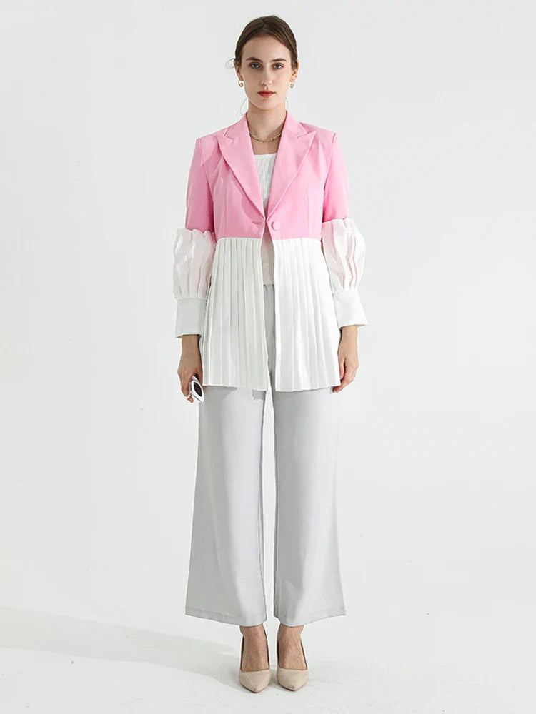 DEAT Fashion Women's Blazer Notched Collar Single Button Spliced Pleate Contrast Colors Suit Jackets Spring New Tide 7AB008