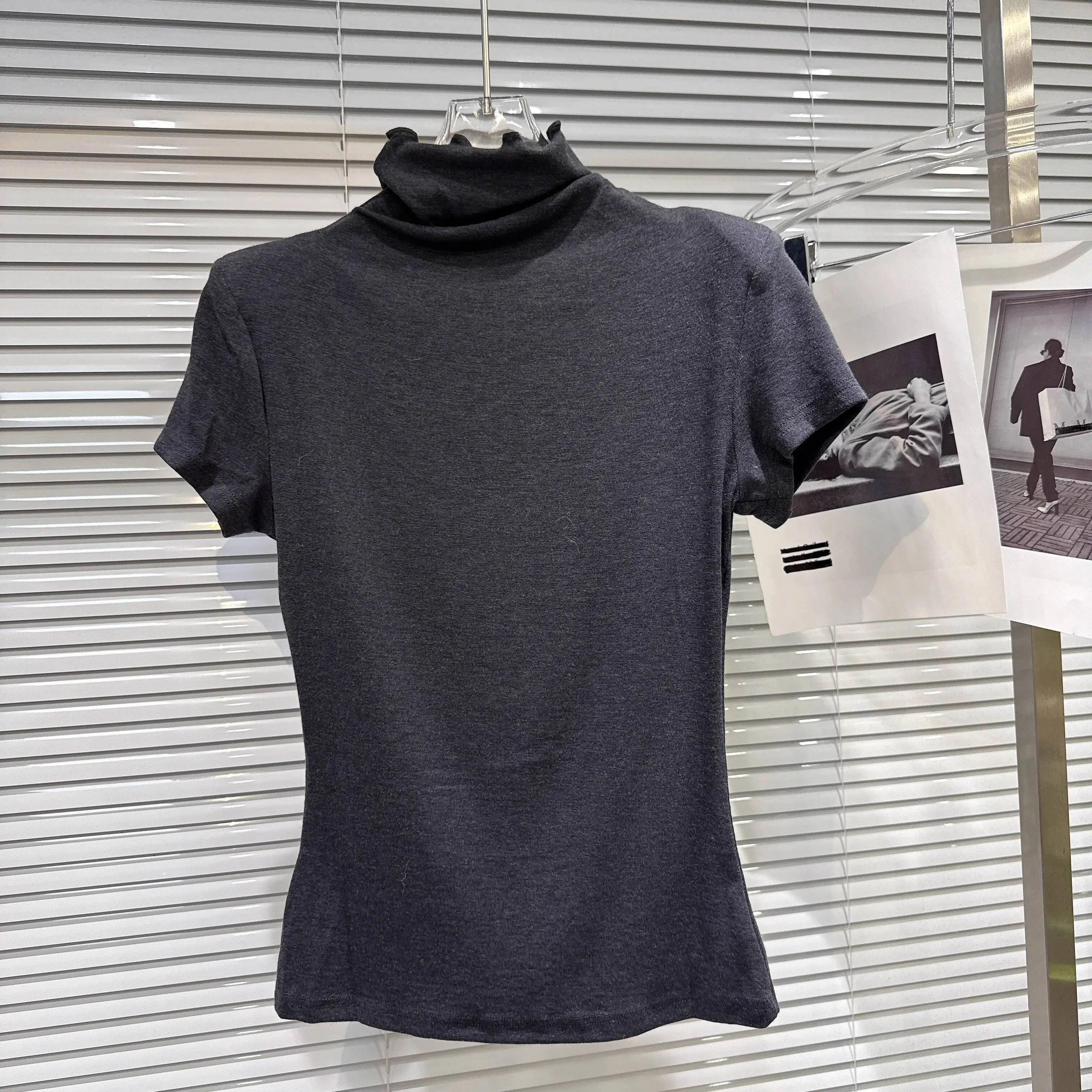 Winter New Fashion Solid Color Simple High Neck Shoulder Pad Short Sleeve T-shirt For Women Slim Fit Top 11A07774 Dark Gray