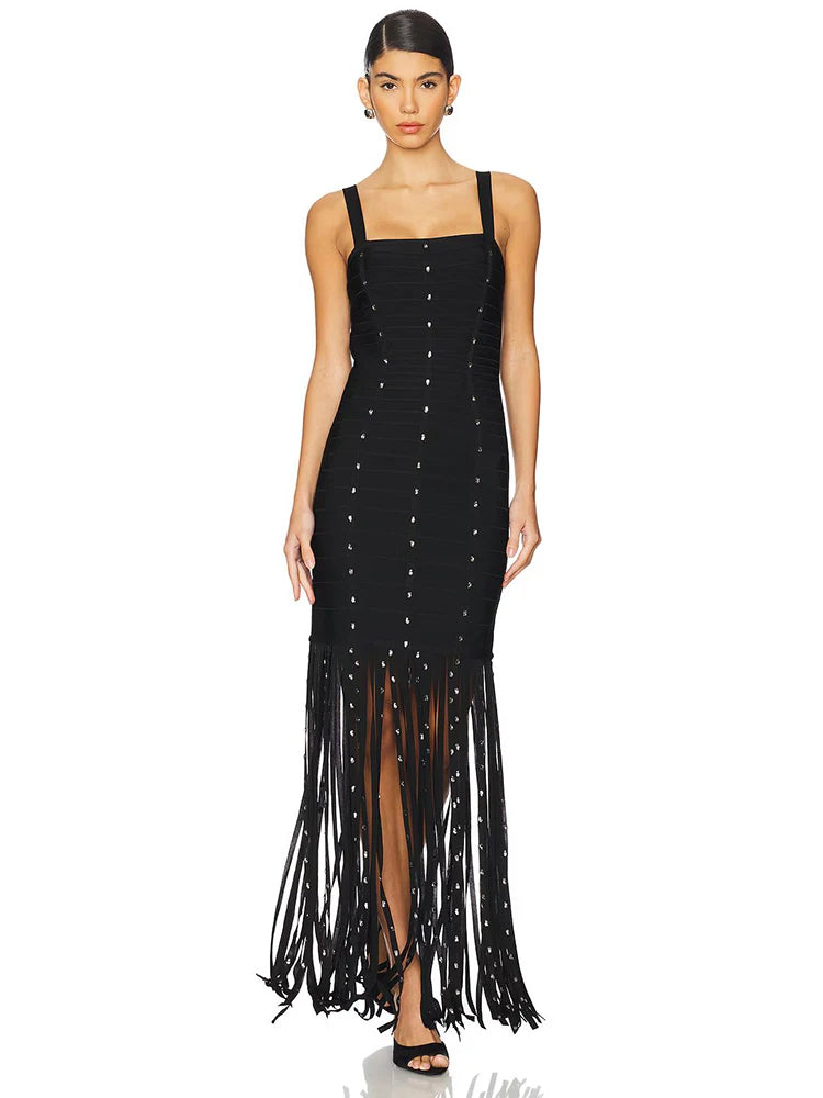 Black Diamond Tassel Spaghetti Straps Long Dress Backless Sleeveless Fringed Patchwork Bodycon Evening Party Gowns