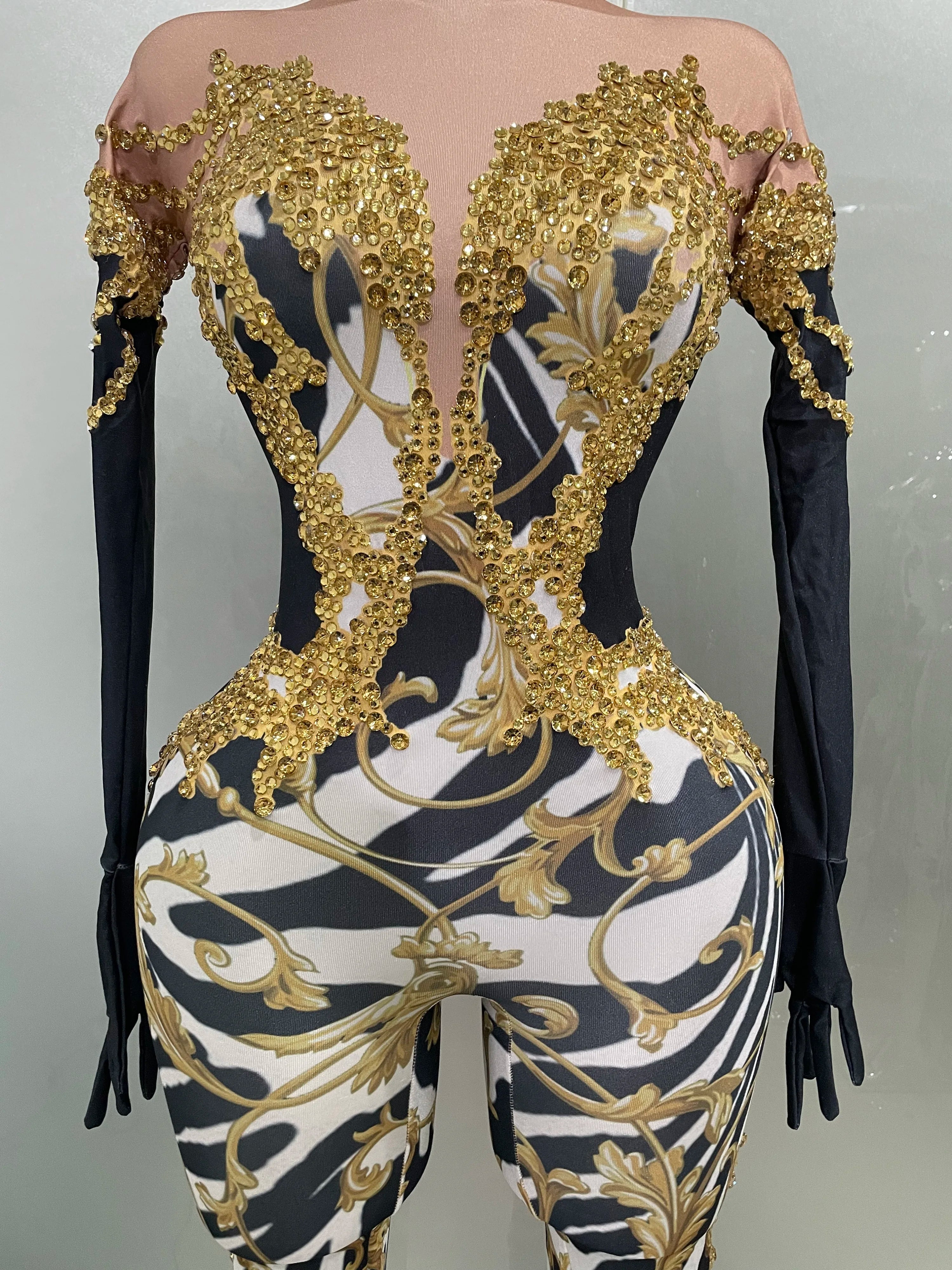 Sparkly Gold Rhinestones Jumpsuit With Gloves 2025 New Women Sexy Printed Party Nightclub Bar Singer Stage Performance Costume