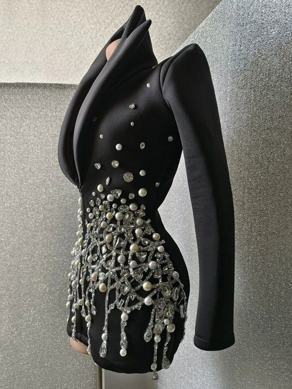 Sparkly Crystal Pearls Mini Dress Black Color Fashion Suit Collar Birthday Evening Party Nightclub Dress Singer Dress