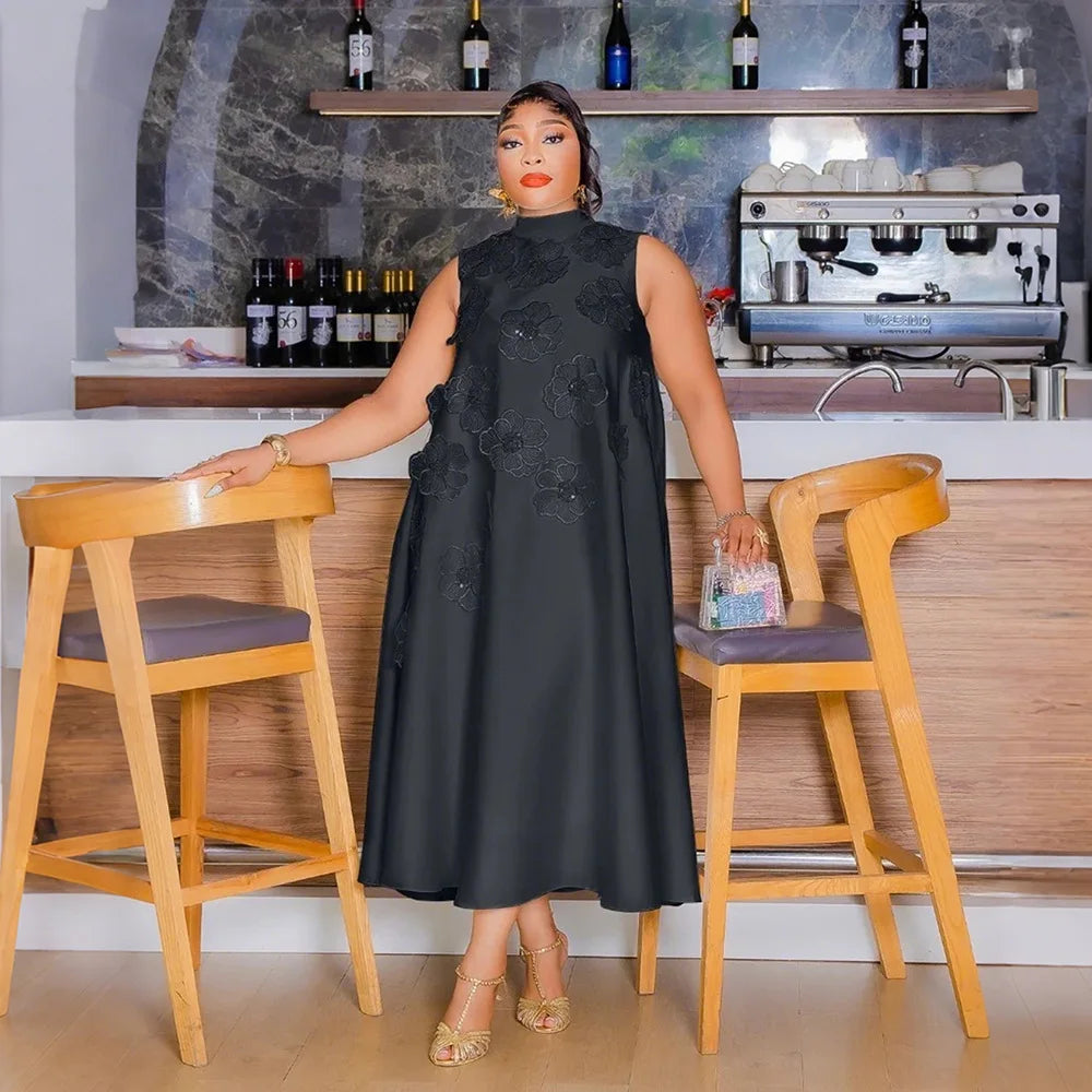 Elegant Women Sleeveless Loose 3D Flower O-neck Dress 2025 Summer Bodycon African Street Midi Maxi Long Dresses Vestidos Black