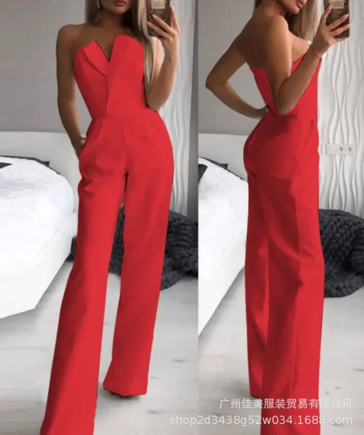 Women's Elegant Jumpsuits Solid Off Shoulder Sexy Club Jumpsuit Female Sleeveless High Waist Slim Wide Leg Jumpsuit Pants Red