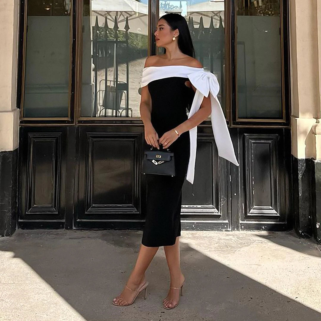 Women Sexy Slash Neck Off the Shoulder Big Bow Bodycon Midi Bandage Dress Elegant Evening Party Celebrate Dress