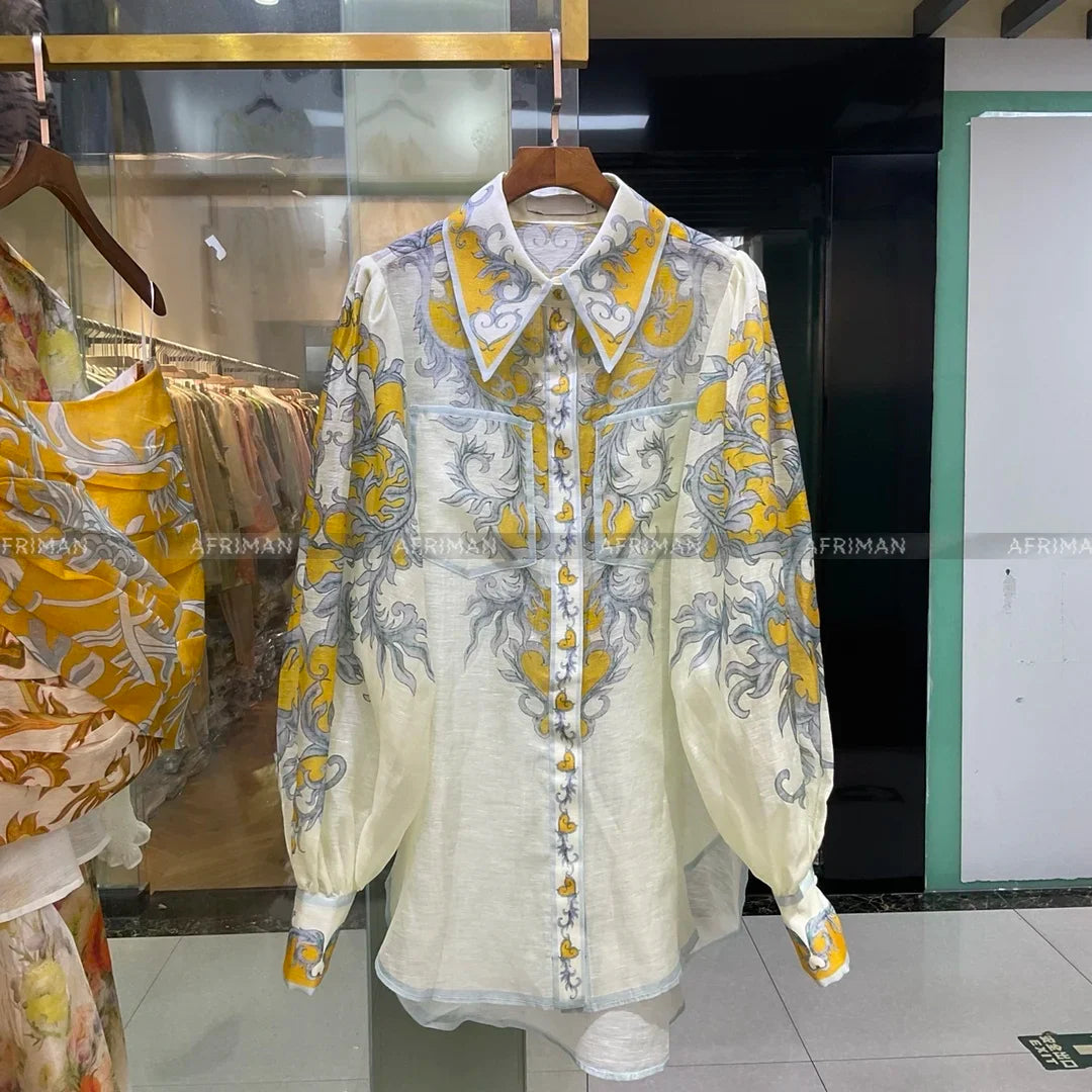 Women Position Printed Lantern Sleeve Lapel Loose Linen Shirt + Pleated Buttocks Wrapped Short Skirt Set