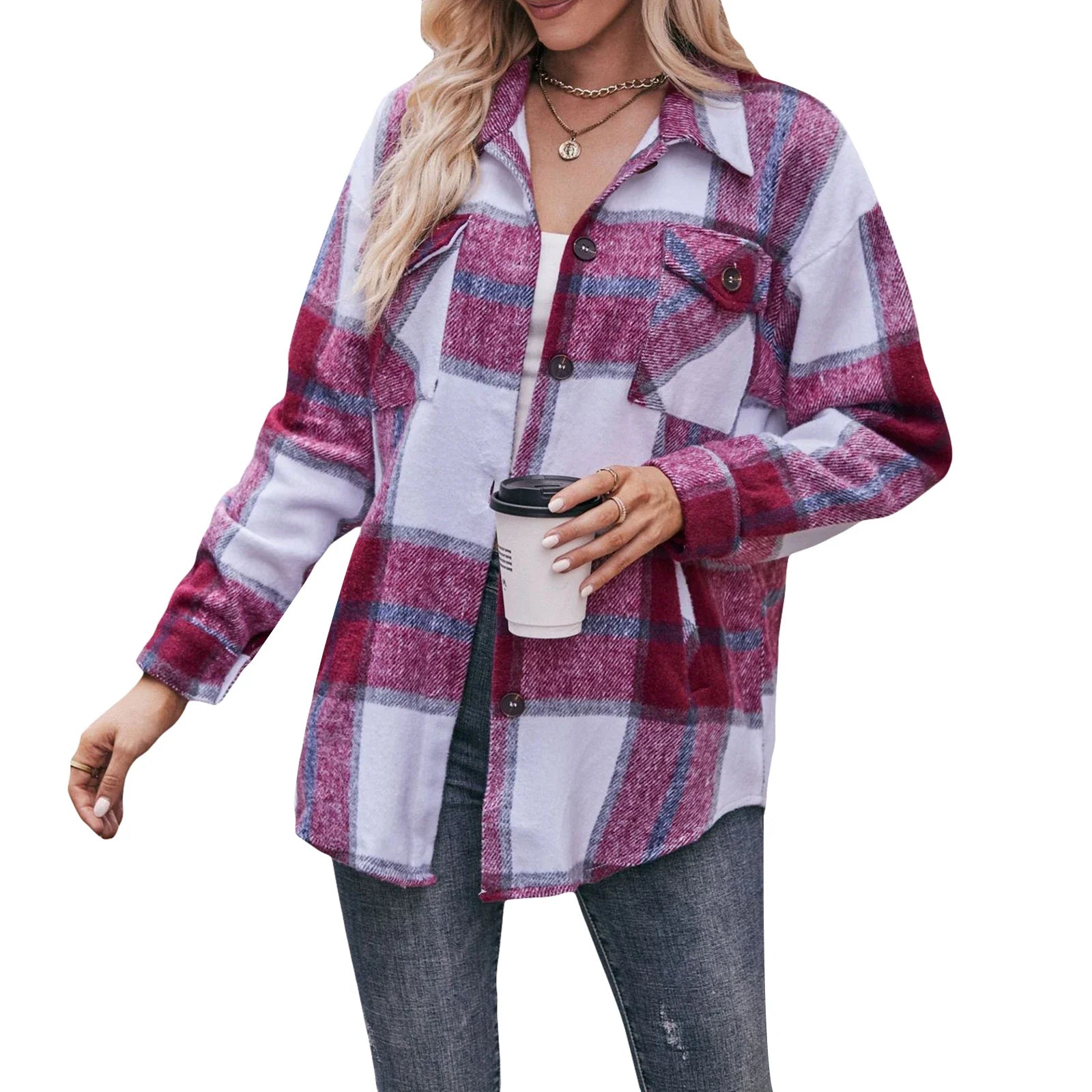 Women s 2023 Autumn Winter Plaid Flannel Button Down Shirts - Stylish Oversized Boyfriend Fit Tops for a Trendy Look Wine Red