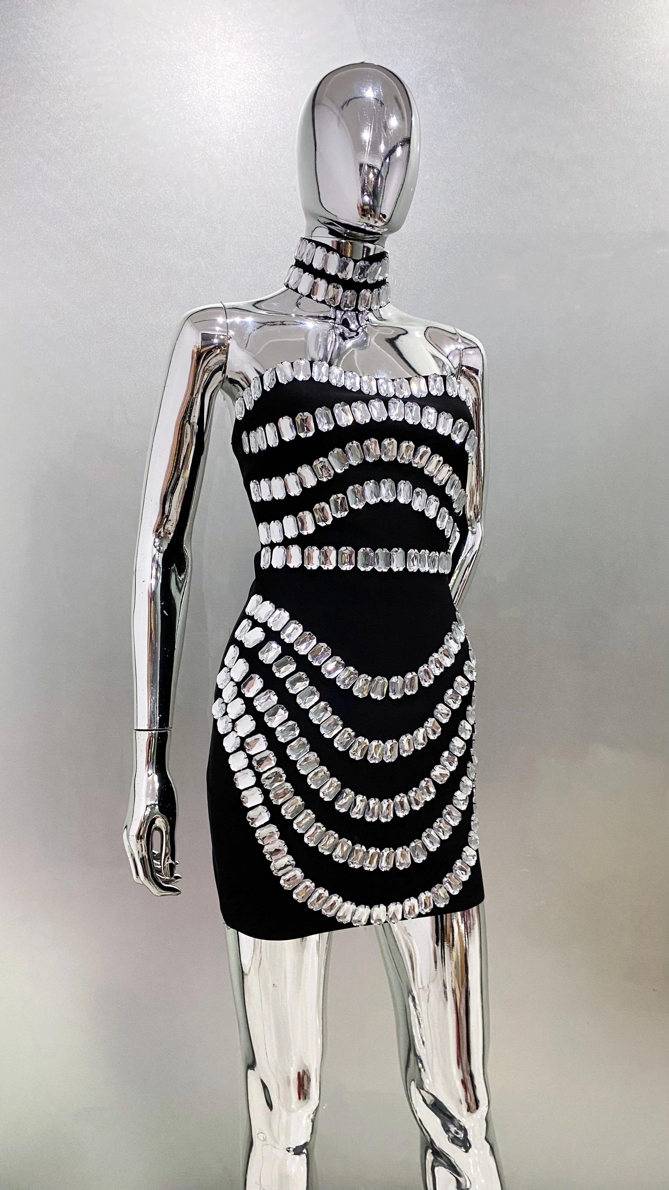 Sparkly Big Crystal Women Sexy Strapless Bodycon Mini Bandage Dress Necklace Celebrate Nightclub Party Photo Shoot Wear