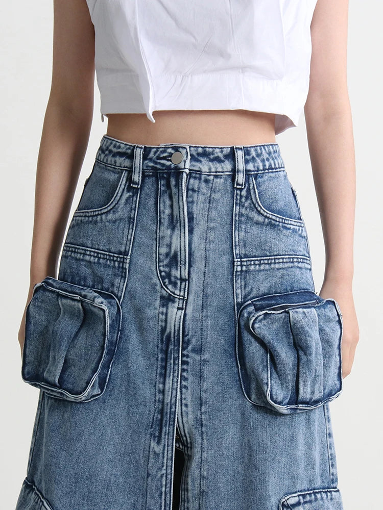 Split Denim Skirts For Women High Waist Patchwork Pocket Temperament Solid Skirt Female Autumn Fashion Style New