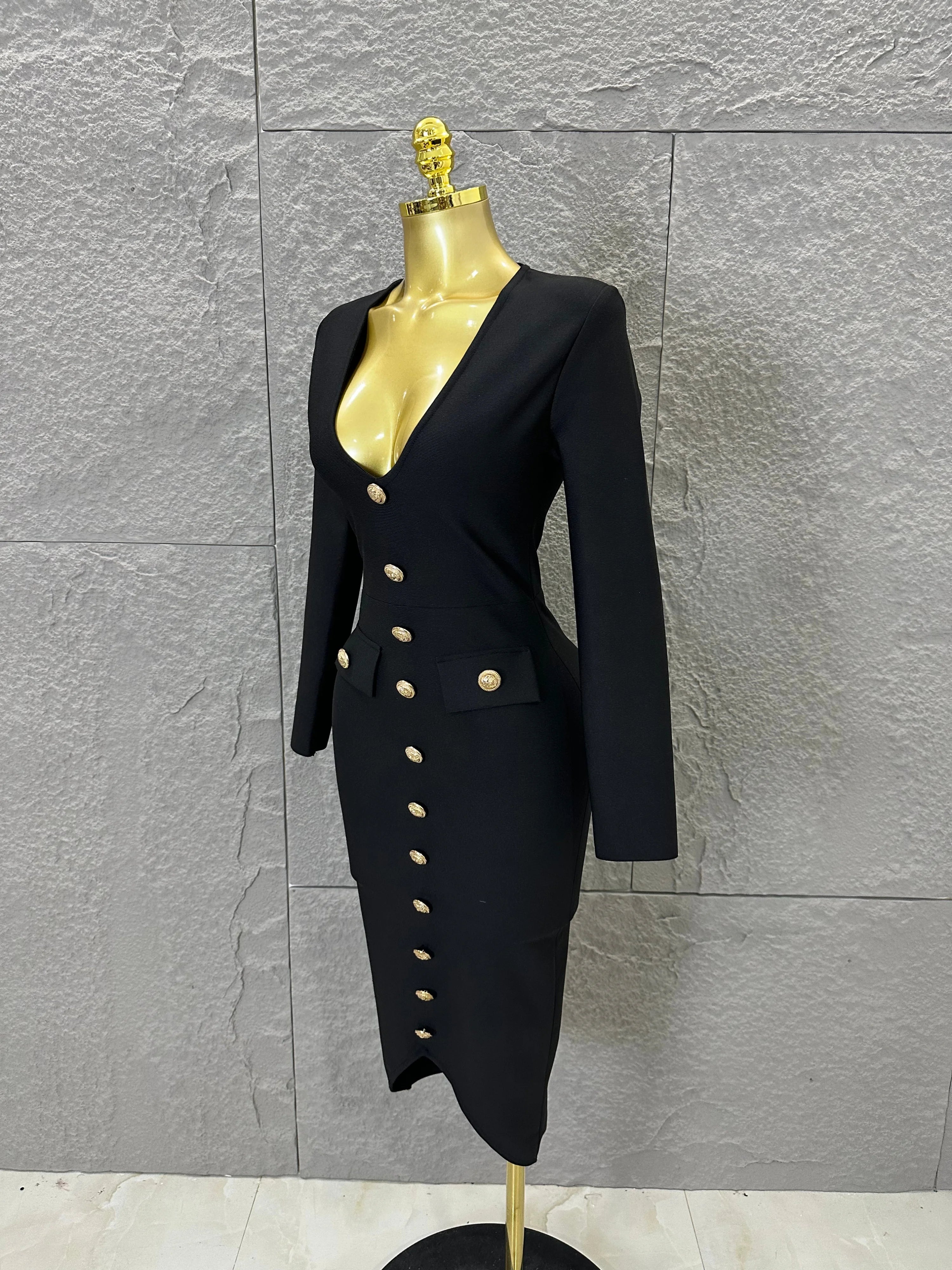 Elegant Black Deep V-Neck Midi Dress Women Sexy Long Sleeve Gold Button Form-Fitting Evening Party Cocktail Party Costume
