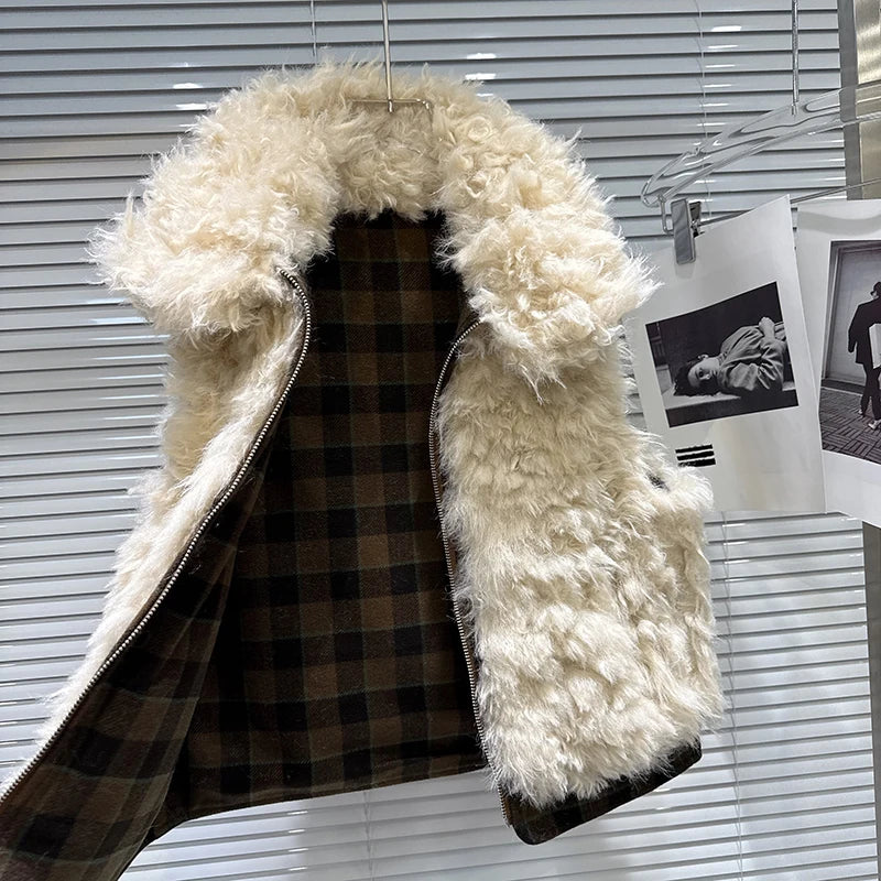 Winter New Fashion Faux Lamb Wool Plaid Reversible Vest For Women Versatile Zipper Waistcoat Female Trendy 11A07854