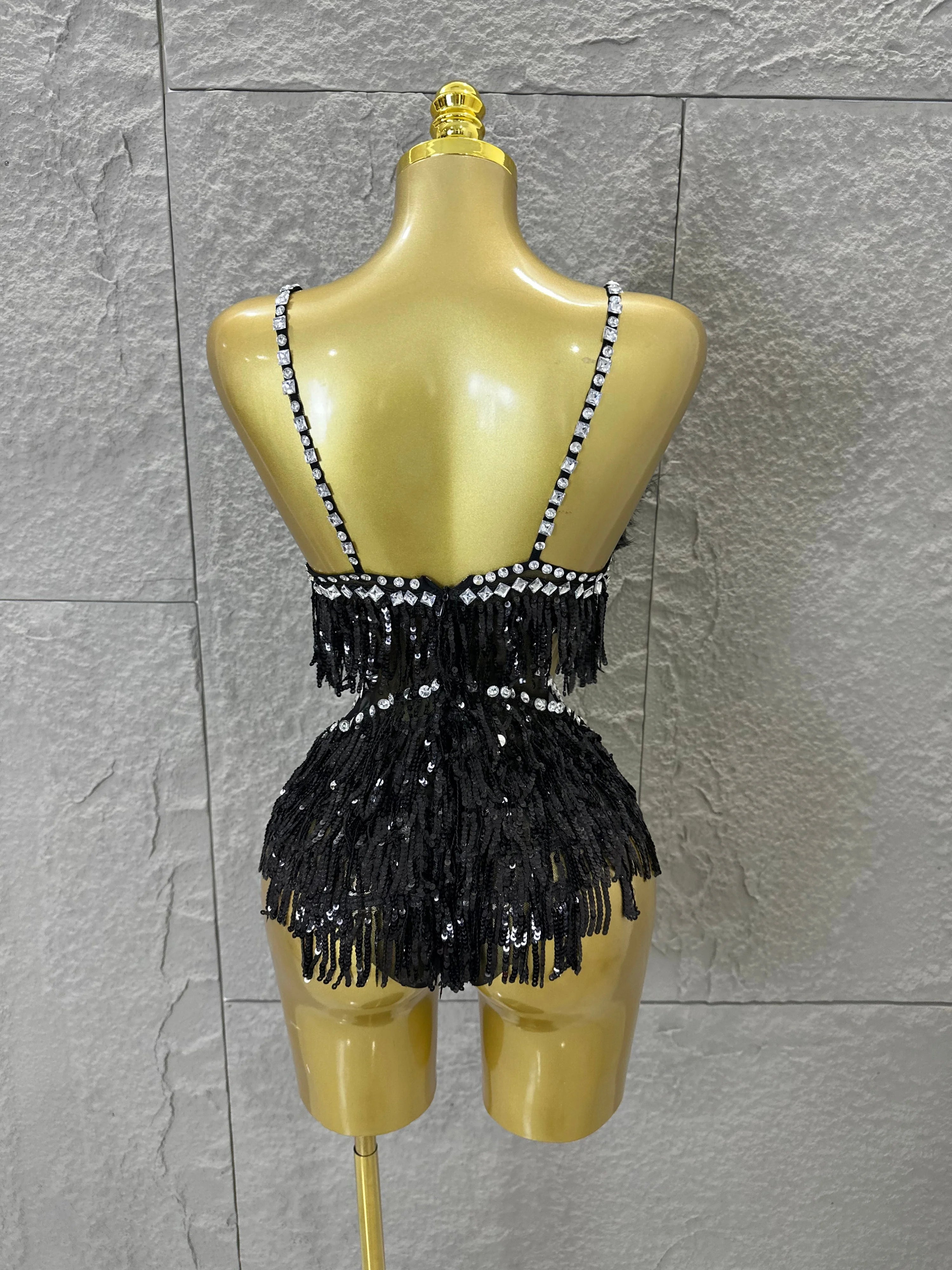 Luxurious Sheer Mesh Bodysuit Women Sexy Crystal Embellished Feather Fringe Trim Spaghetti Strap Outfit Stage Performance Outfit