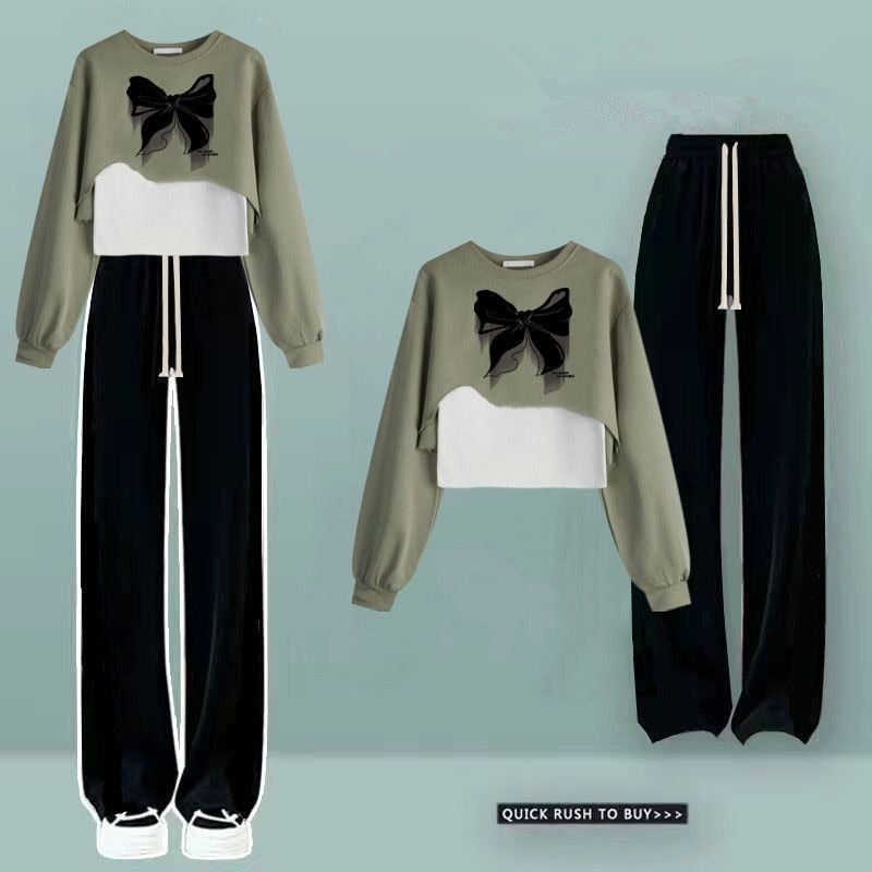 Spring Autumn Women Fashion Short Bowknot T Shirts Korean Casual Sweatshirt Vest Pants 3 Piece Sets Lady Streetwear Outfits 2024 Green Set