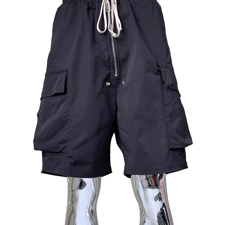 Lautaro Summer Autumn Black Cargo Shorts for Men High Elastic Waist Drawstring Pockets Loose Casual Short Straight Pants Clothes Black