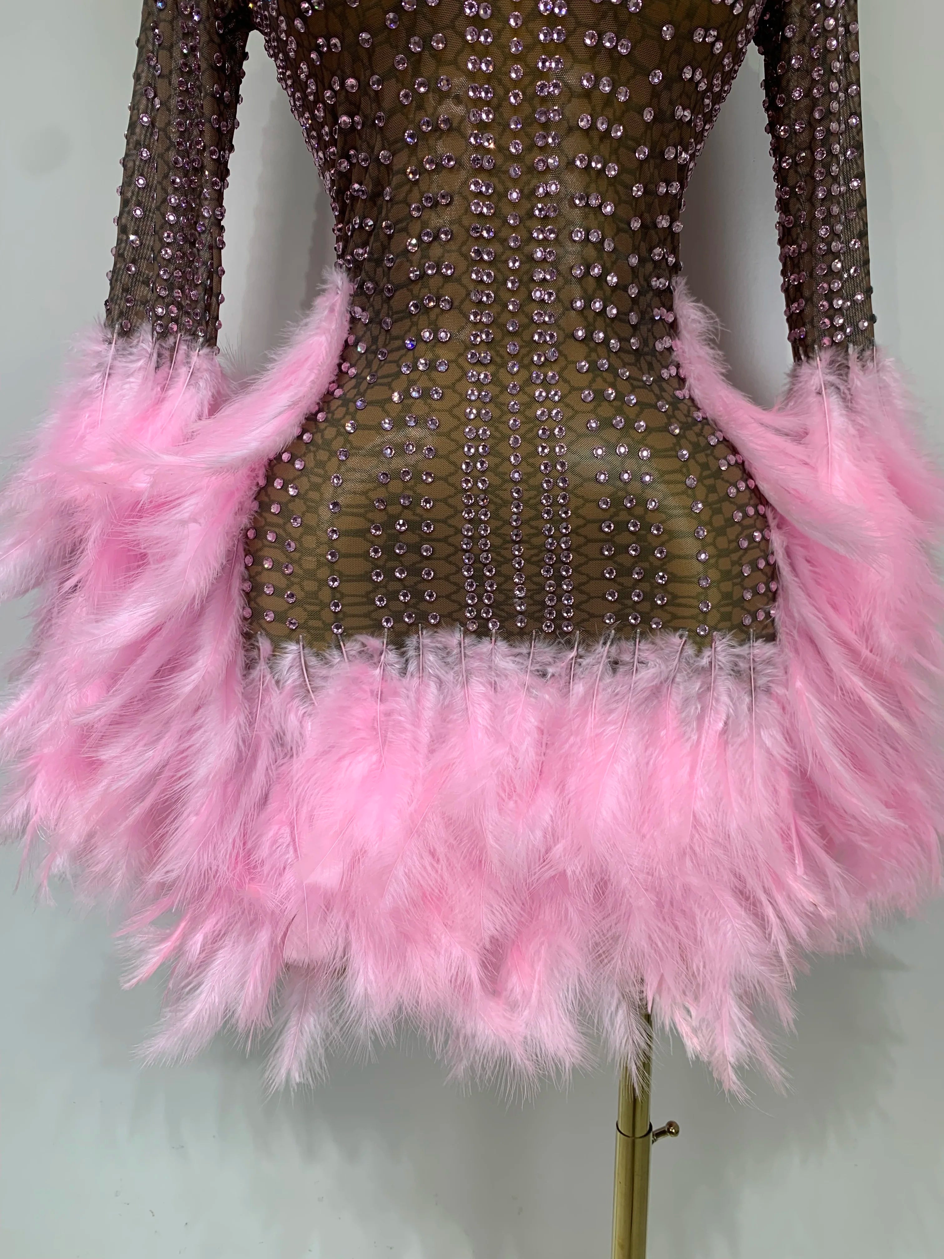 Women Luxury Birthday Dress Rhinestones Mesh Feathers Bodycon Mini Celebrity Evening Club Party Dress Nightclub Stage Outfit