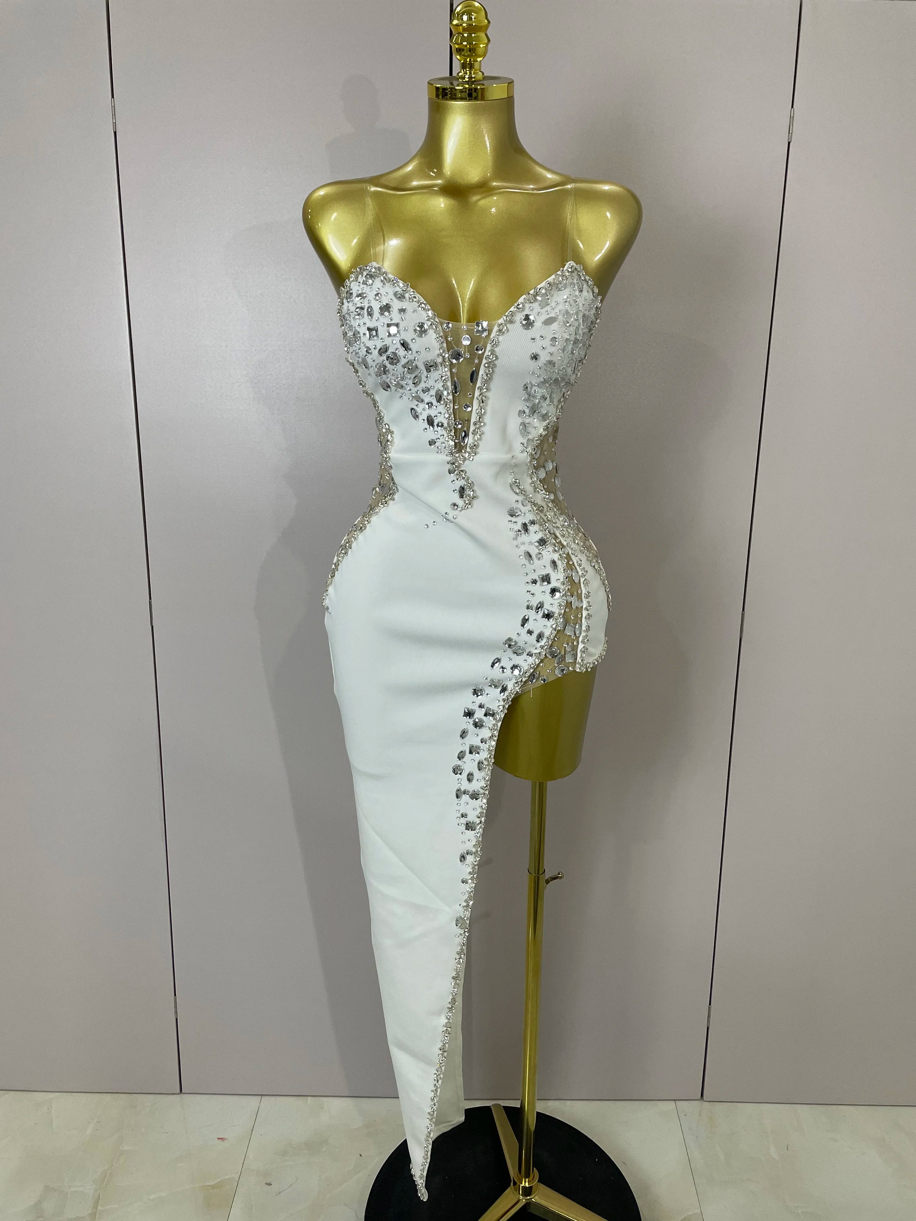 Newest Sexy Strapless Shinning Rhinestones Bodycon Bandage Long Dress Women Fashion Celebrate Evening Party Vestido WHITE