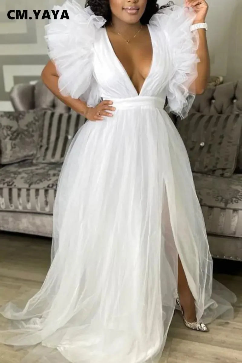 Women Cascading Ruffles Shoulder High Side Split Mesh Patchwork Maxi Long Dress 2023 sexy even Party Vestidos Dresses